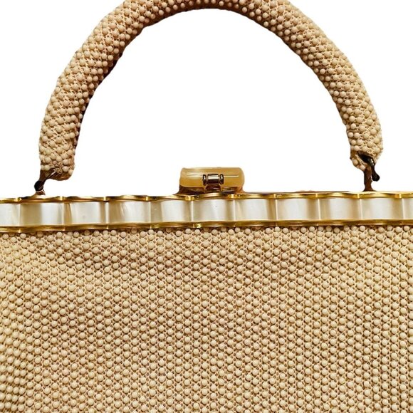 VTG LAURA USA Ivory Beaded Lucite and Gold Trim Purse - Picture 3 of 6